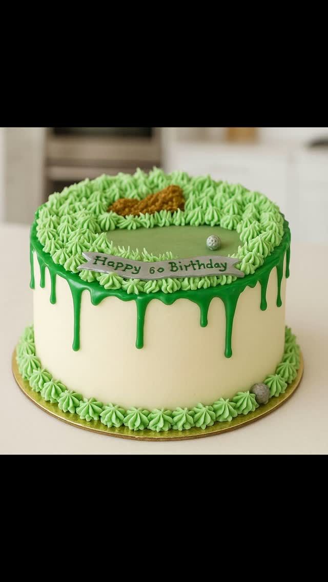 A green drip 60th birthday cake with a Happy Birthday plaque