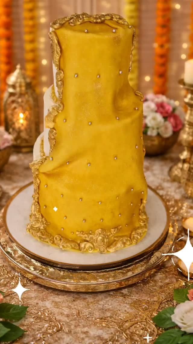 A tall gold wedding cake with delicate gold detailing by Dessert Delights by Khyati