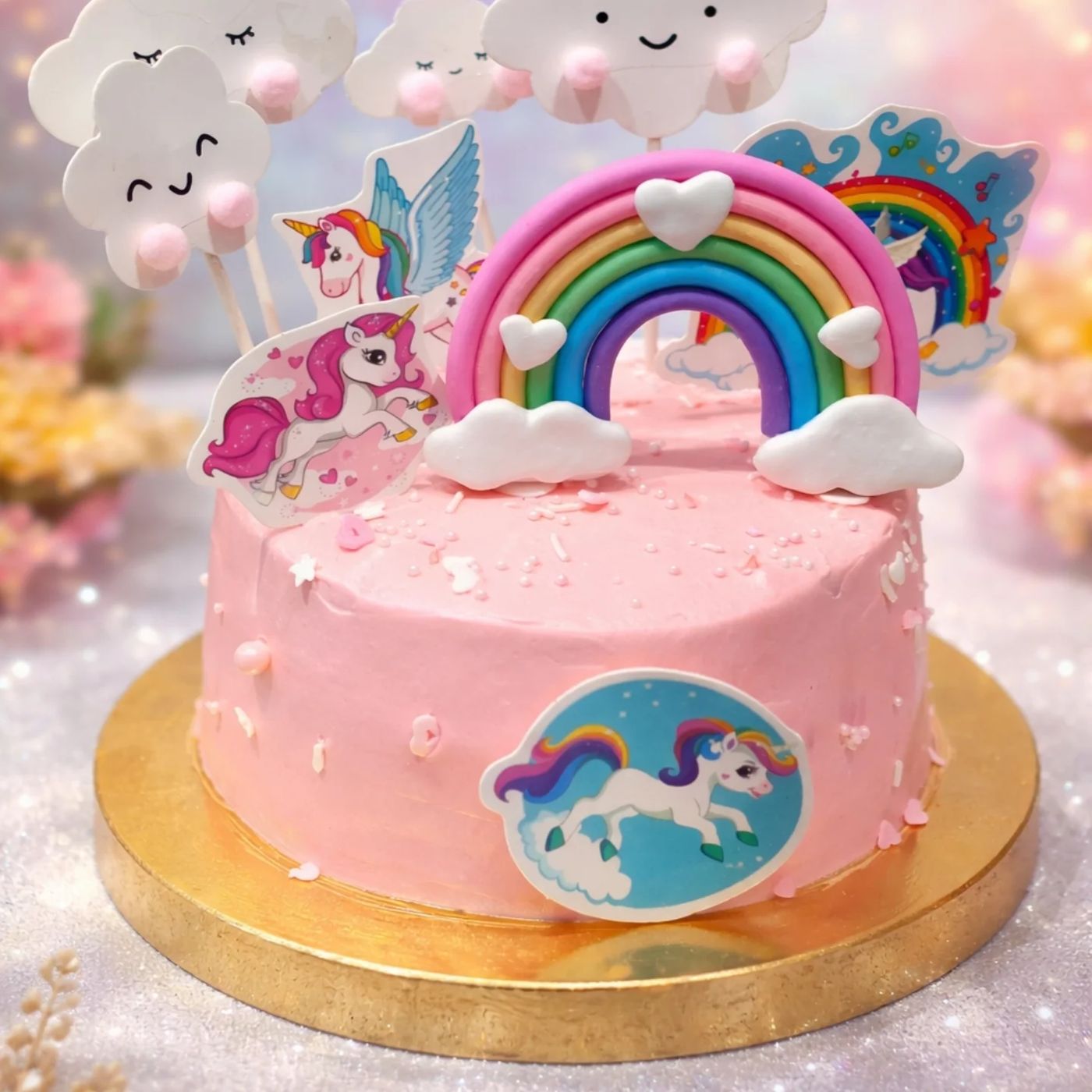 A pink unicorn and rainbow themed cake with clouds